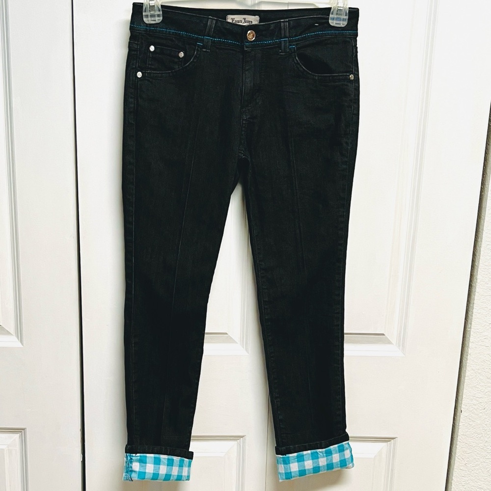 Encore Jeans Black Slim Ankle Jeans with Teal Plaid Cuff Jr Size 7
